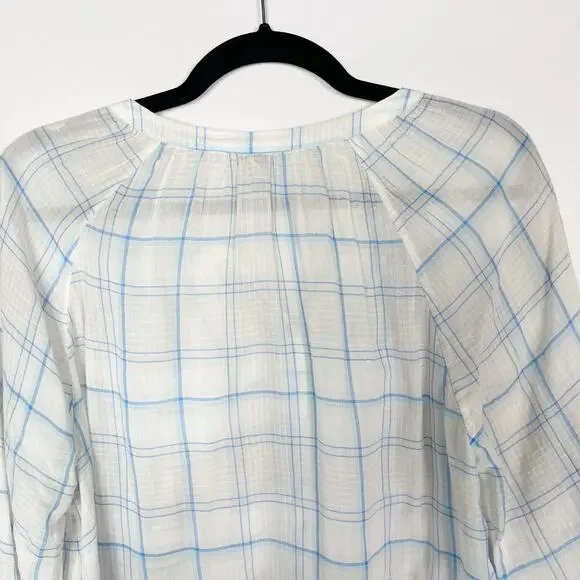 Joie S Ivory Blue Selima Plaid 3/4 Sleeve Blouse Top Split VNeck Button Cotton - Picture 7 of 11